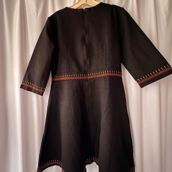 Lai Meng Five Cats Black Embroidered Flare Dress Zip Round Neck 3/4 Sleeve Large - Picture 2 of 11